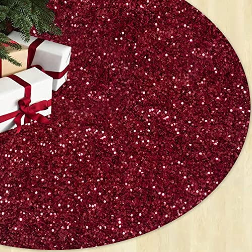 Falda para árbol de Navidad FUHSY con lentejuelas y terciopelo burdeos, 90 cm