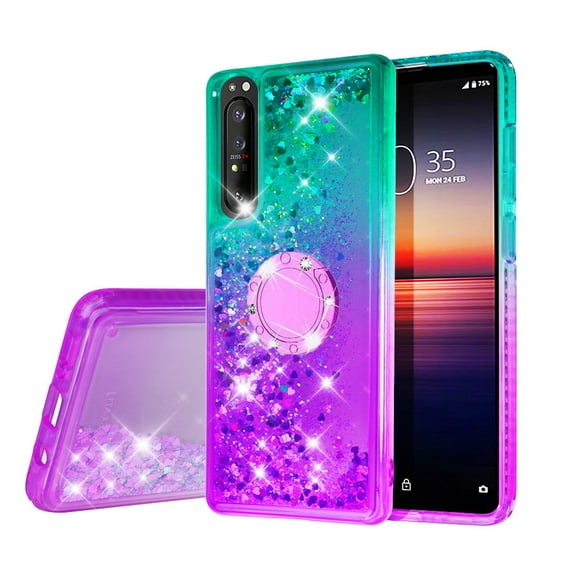 SOGA Phone Cover Compatible for Sony Xperia 1 II Liquid Floating Quicksand Case with Diamond Ring Stand for Magnetic Car Mount and Lanyard - Purple on Teal