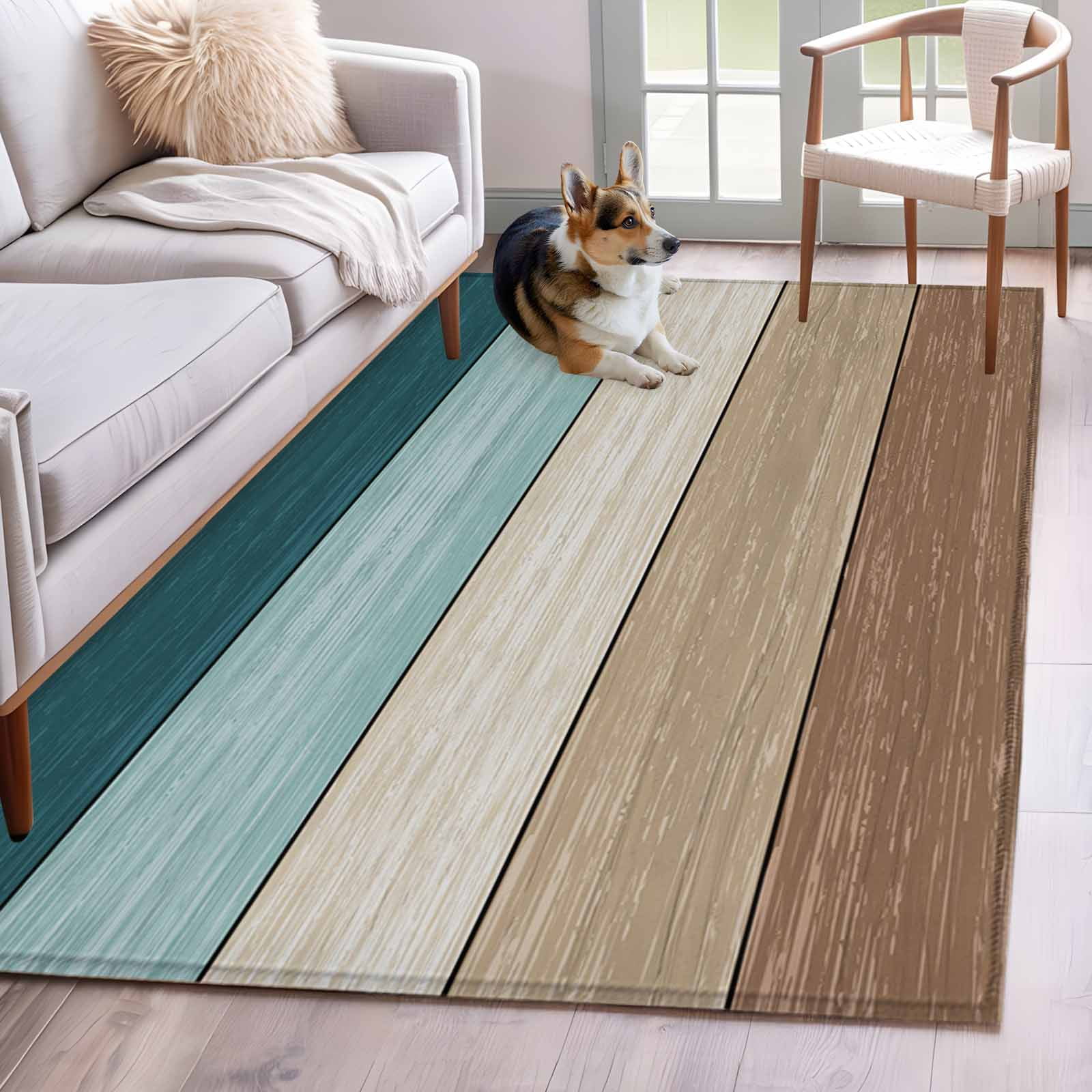 Rectangle Area Rug 4x6ft Farm Retro Wood Board Gradient Non-Shedding Washable Area Rug Farmhouse Barn Brown Teal Plank Non Slip Low-Profile Rugs for Living Room Bedroom Dining Room