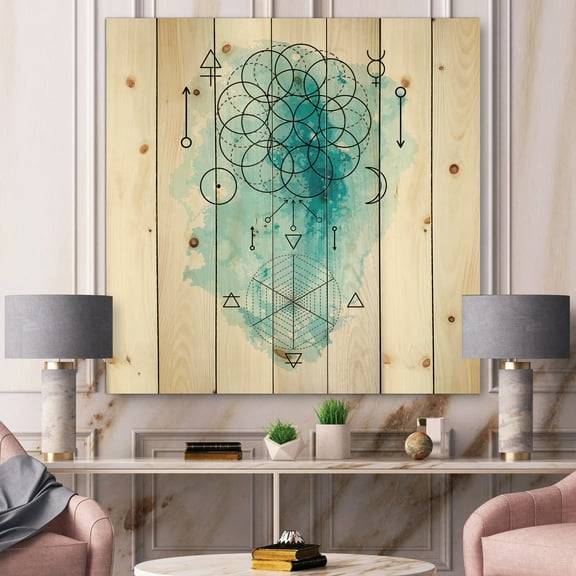 Designart 'Sacred Geometry and Symbol of Alchemy I' Bohemian & Eclectic Print on Natural Pine Wood