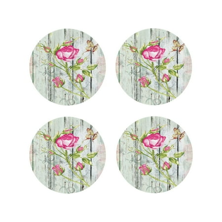 

Pofeuu Vintage Wood Background with Floral Print Coasters for Drinks 4Pack PU Leather Coasters Bar Drink Coasters for Tabletop Protection Furniture from Damage-Round Shape