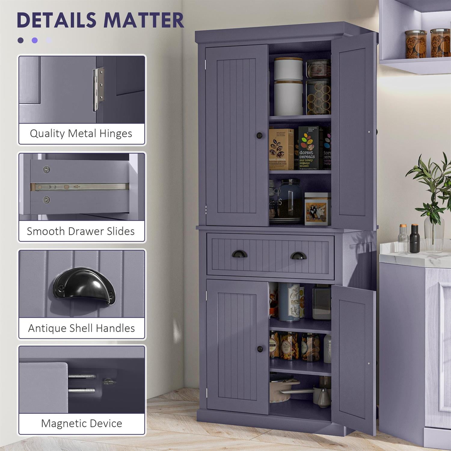 Demi Bonn 72" Kitchen Storage Cabinet with 4 Doors, 3 Adjustable Shelves, Large Drawer for Home & Kitchen, Blue