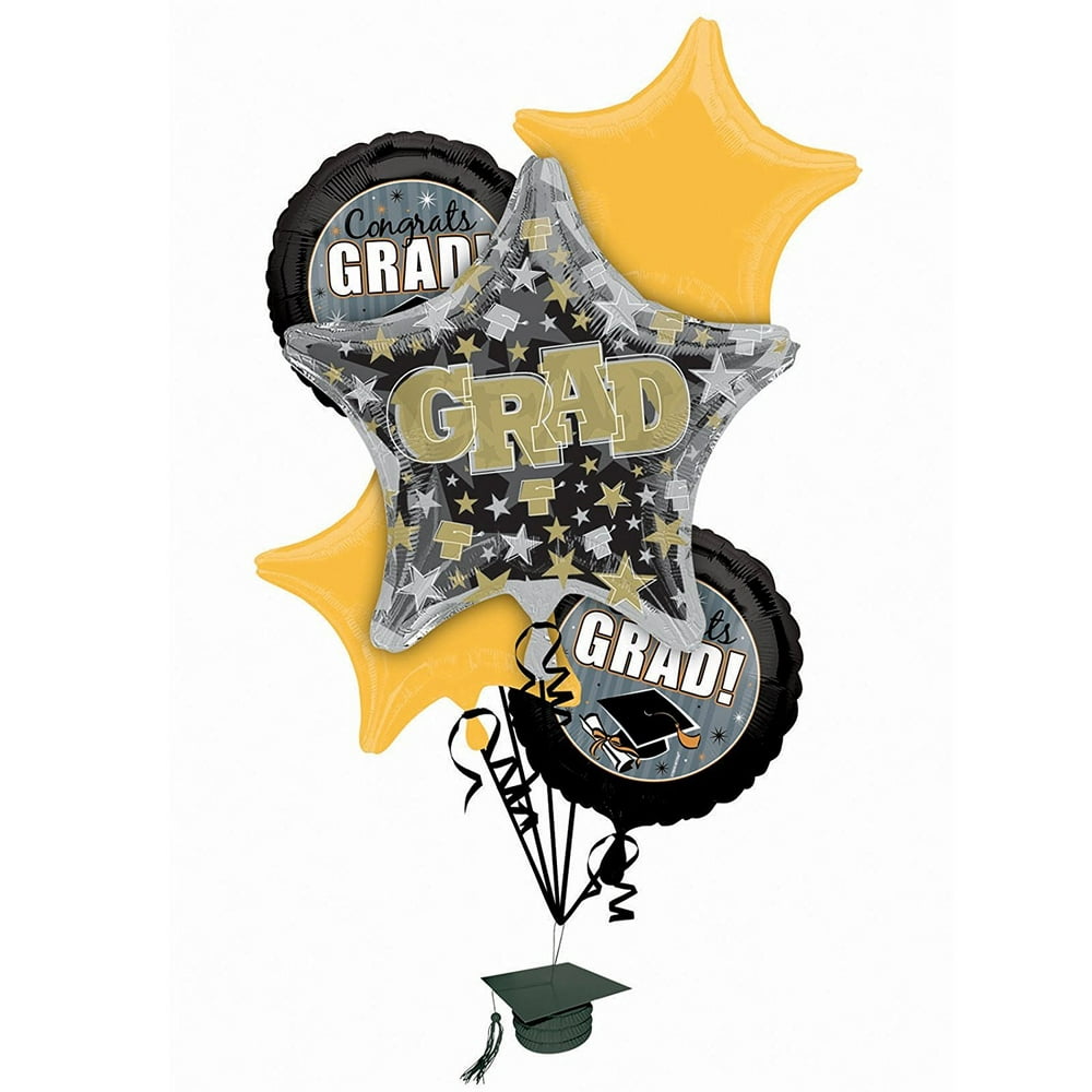 Black Silver And Gold Graduation Foil Balloon Bouquet 1 Foil