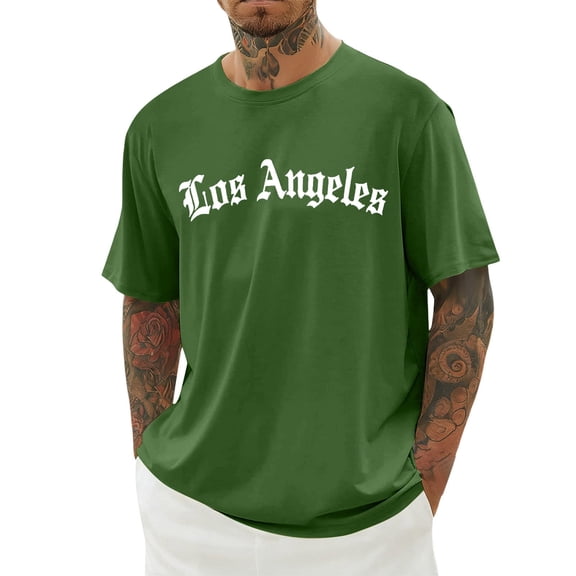 Aihuaihua T Shirts for Men Crew Neck Short Sleeve Everyday Los Angeles Print Casual Tee Basic Young Mens Clothes Green S