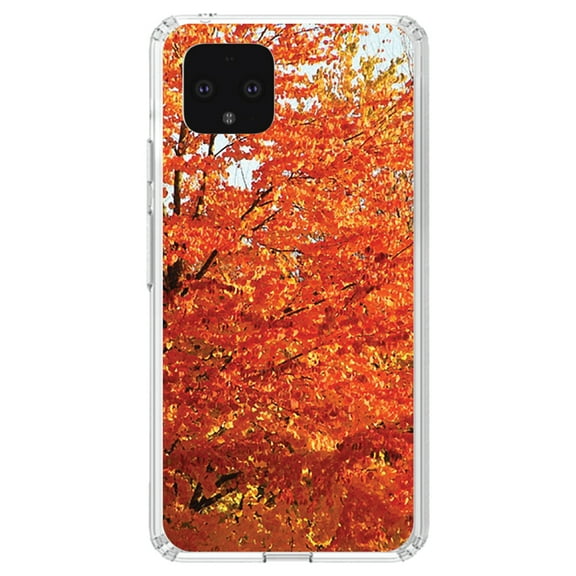 DistinctInk Clear Shockproof Hybrid Case for Google Pixel 4 XL (6.3" Screen) - TPU Bumper, Acrylic Back, Tempered Glass Screen Protector - Orange Autumn Leaves