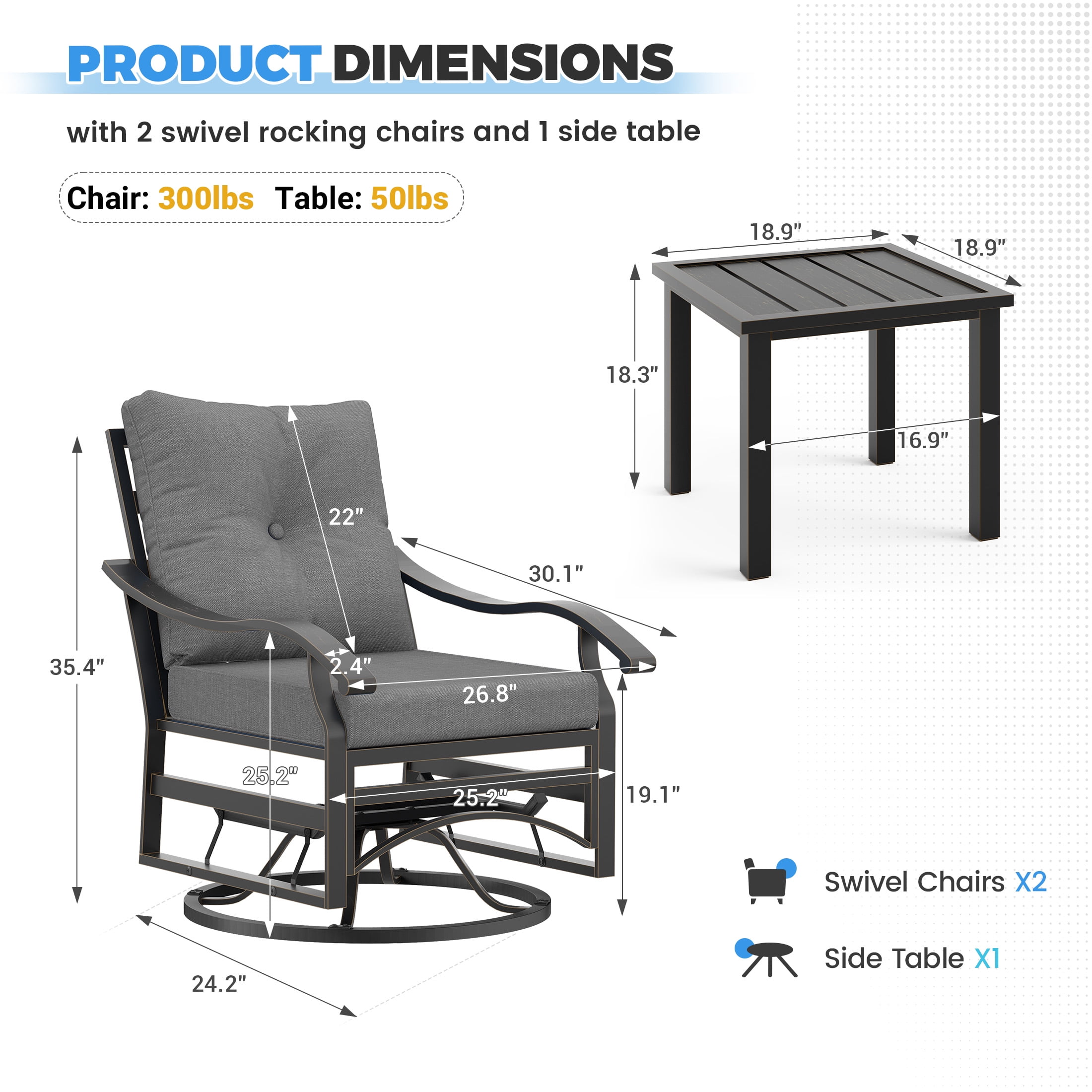 POTEBAN Outdoor Swivel Rocker Chairs, 3 Piece Metal Patio Rocking Chairs with Padded Cushions Patio Bistro Furniture Set with Side Table for Porch Balcony Backyard, Grey