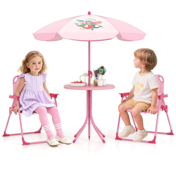 Infans Kids Picnic Table & Chair Set with 2 Folding Chairs & Height Adjustable Umbrella