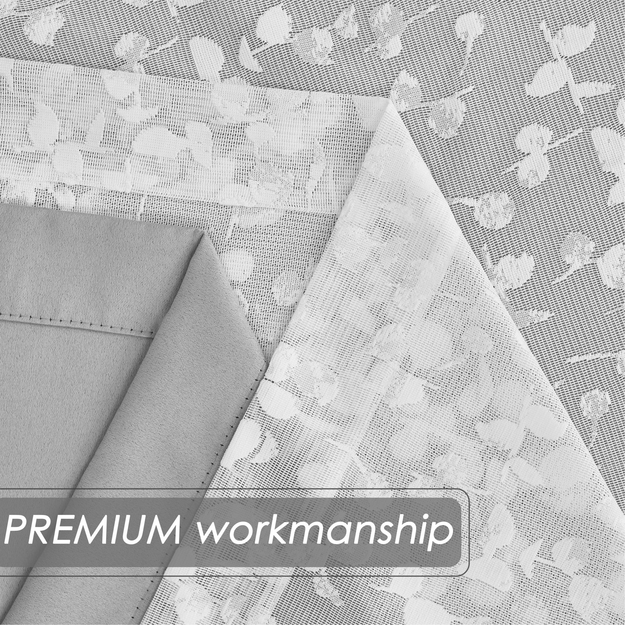 Flowpartex Gray White Mix Matched Full Blackout Curtains with Lace Leaf Sheer 4 Window Sheer Panels for Modern Bedroon Living Room Decor, 52" W x 95" L