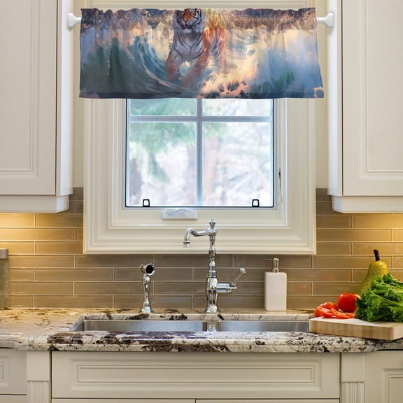 Tiger Waves Sun Clouds Sea Curtain Valances Farmhouse Design Window Treatment Decor Blackout Rod Pocket for Windows Living Room Kitchen 54" x 18"