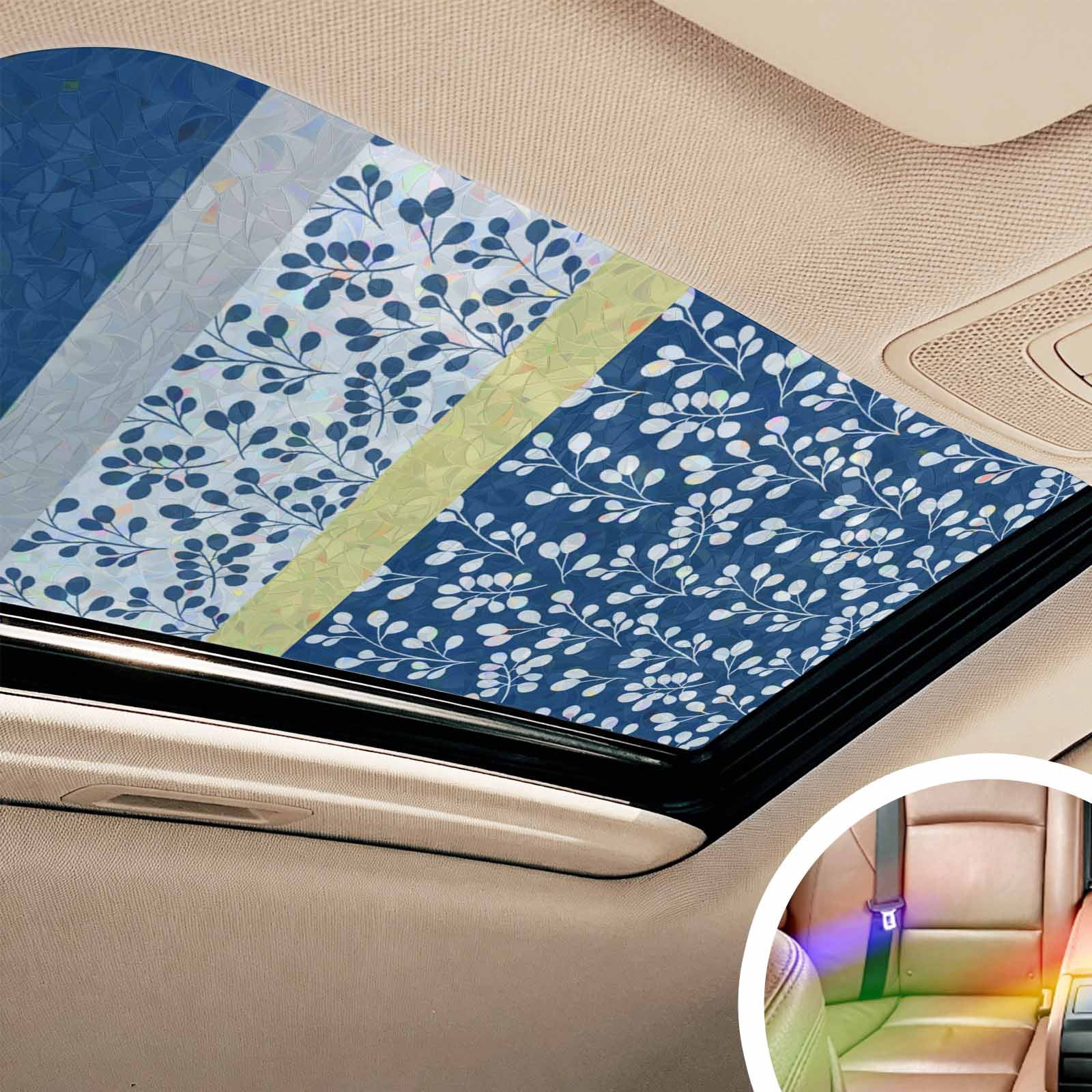 Blue Yellow Window Privacy Film Stain Glass,Reusable Decorative Rainbow Window Film,Botanical Floral Motifs Wildflower Striped Static Cling Sun Blocking Stickers Decals Covers 29.5" x 78.7" (2pcs)