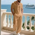 thumbnail image 5 of Kakii Men's Beach Hoodie Set, Light Taupe Short Sleeve Hooded Shirt & Drawstring Pants, Linen Blend Casual Lounge Outfit for Vacation, 5 of 9