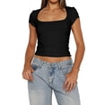 thumbnail image 6 of Women'S Square Neck Crop Top Short Sleeve T-Shirts Slim Fitted Going Out Tops Y2K Cute Basic Tees Black L, 6 of 7