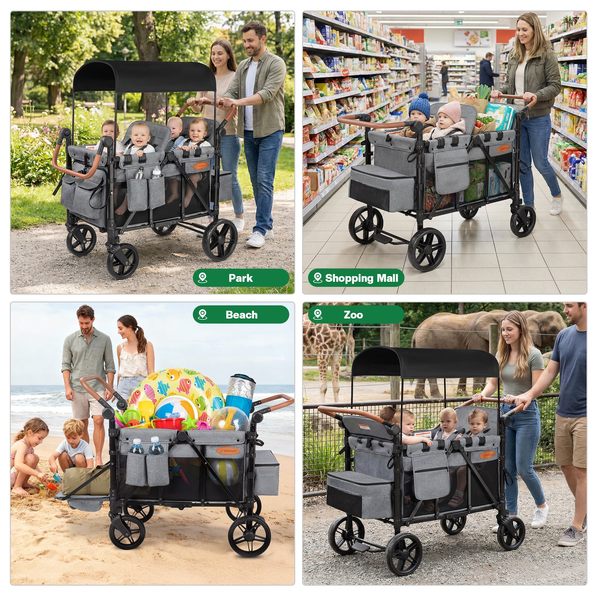 Vomeast Upgrade Wagon Stroller for 4 Kids, 4-Seater Outdoor Baby Stroller Wagon with Canopy, 5-Point Harness, Adjustable Handle(Grey)