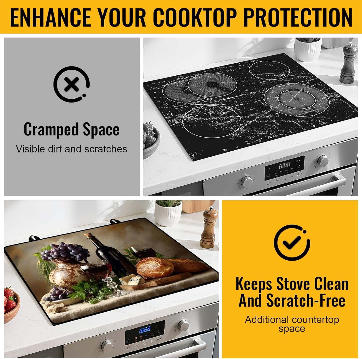 Stove Top Cover for Electric/Glass Stove, Flat Top Cooktop Protector, Electric Cooktop Cover, Extra Counter Space for Kitchen (Red Wine & Grapes)