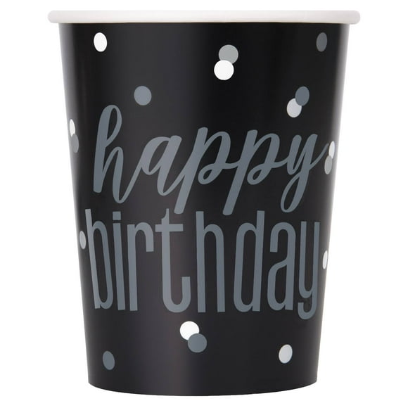 Verres en carton Happy Birthday noir et argent 83588