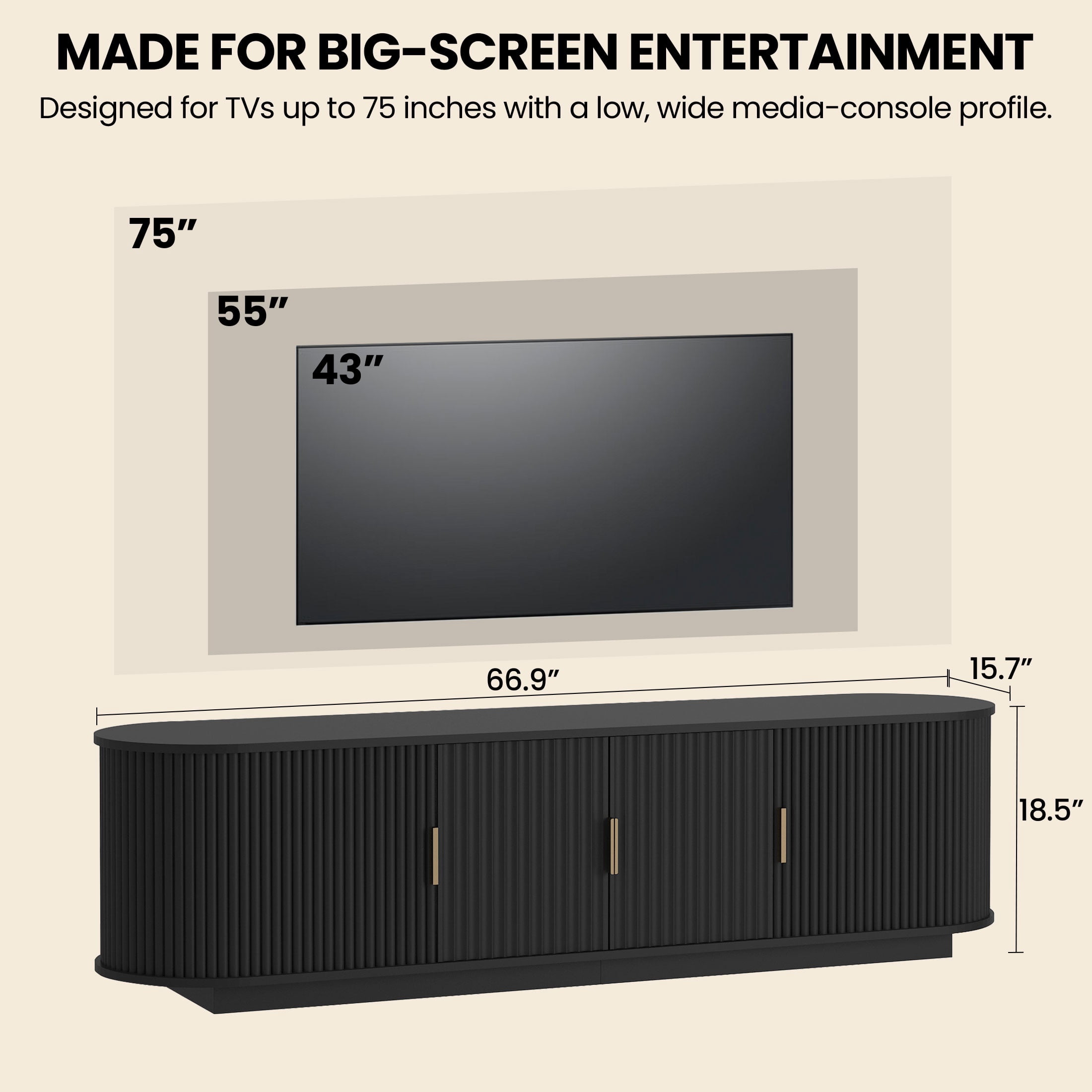 PORKISS Modern Fluted TV Stand for 75 Inch TV, Wood Entertainment Center with Tambour Sliding Doors, TV Console with Storage Cabinet, Media Console Table for Living Room Bedroom, Black