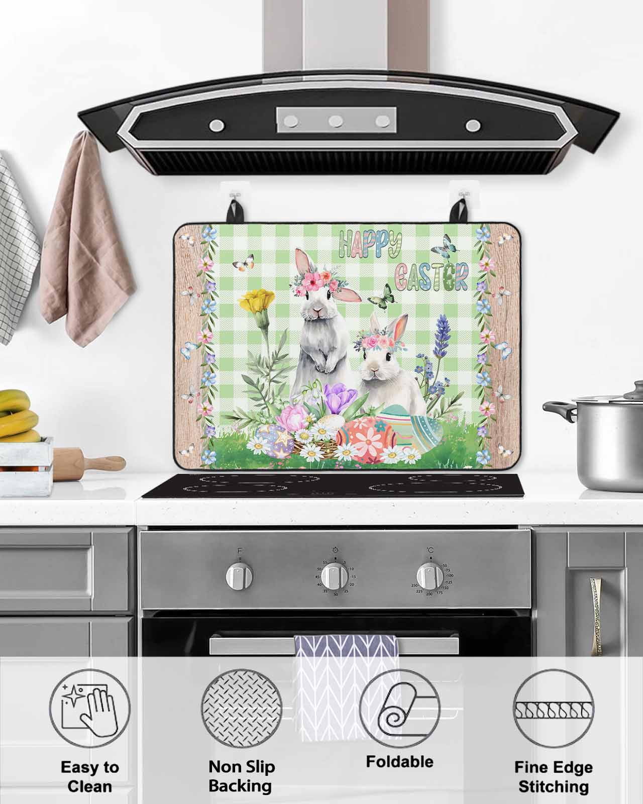 Large Induction Cooktop Protector Mat Easter Stove Top Covers for Electric Stove, Spring Rabbit Botanical Flowers Eggs Plaid Decorative Stove Burner Cover Mats, Glass Top Stove Cover