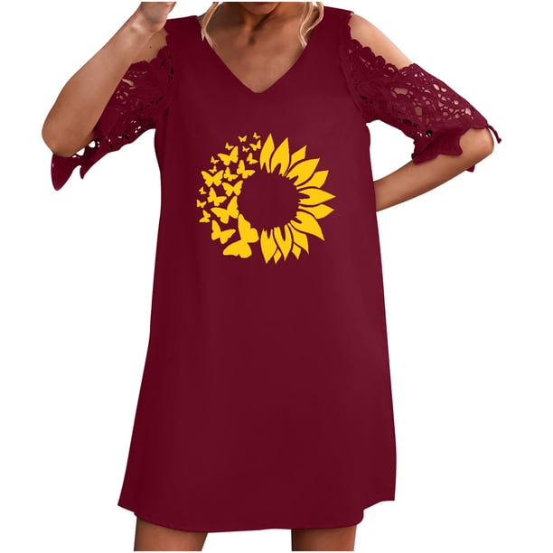 Vestidos de manga corta con hombros descubiertos y encaje con cuello en V estampado sexy de verano para mujer Fridja bnh5358
