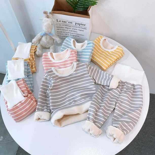 Kids Pajamas Set Warm Thicken Durable Plush Cotton Soft Thermal Underwear Suit Round Collar Unisex Lightweight Winter Baby Infant Grey 3