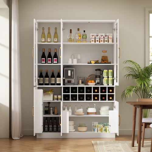 70.87" Tall Wine Bar Cabinet with Glass Doors, Modern Liquor Cabinet with Removable 14-Bottle Wine Rack & Built-in Door Shelves, High-Capacity Home Bar Storage Cabinet, White