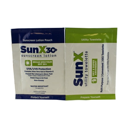 SunX SPF30 Sunscreen with Towelette wipe by Coretex, Bulk Case of 300