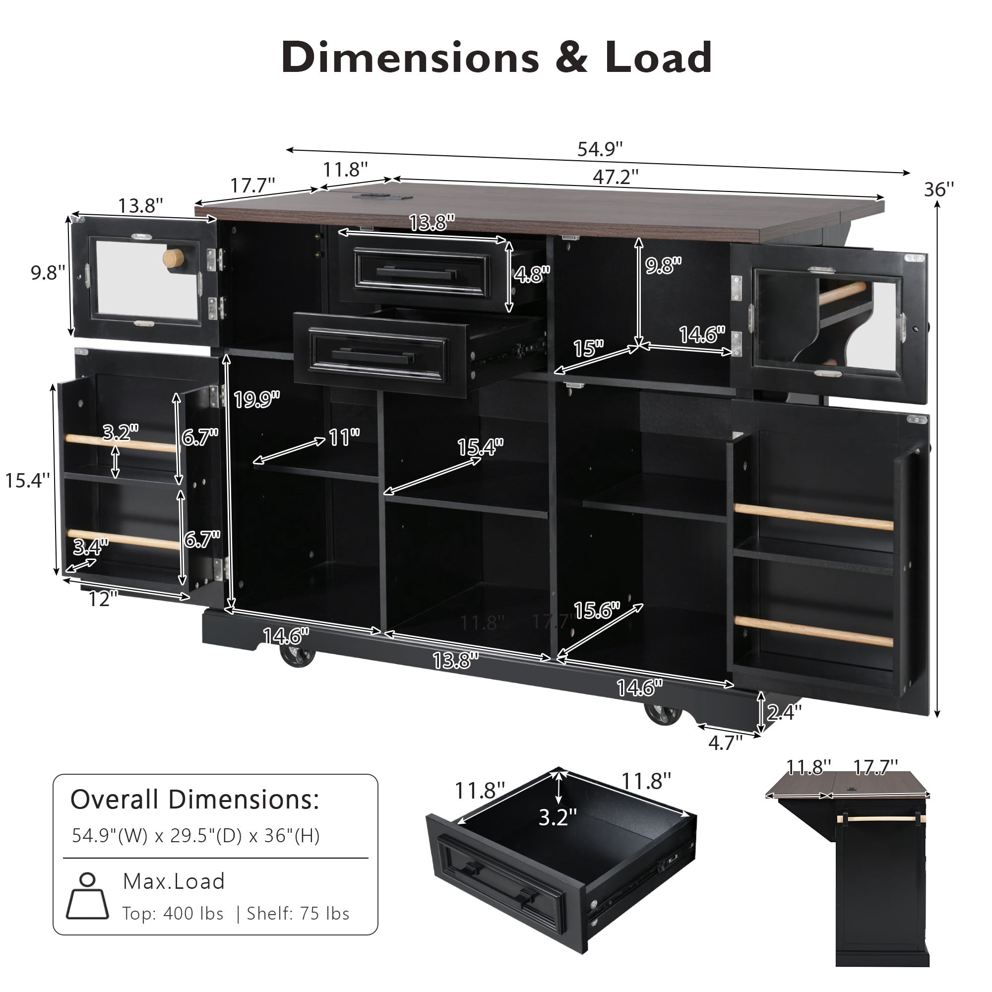 Harper & Bright Designs Kitchen Island with Drop Leaf and Wheels, Kitchen Storage Cart with 4 Door Shelves, Farmhouse Rolling Kitchen Island with Power Outlet and Visual Glass Door, Black