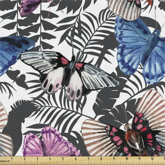 Ambesonne Butterfly Fabric by the Yard Upholstery, Monarchs Exotic Leafy Art, 10 Yards, Dark Grey and Sea Blue