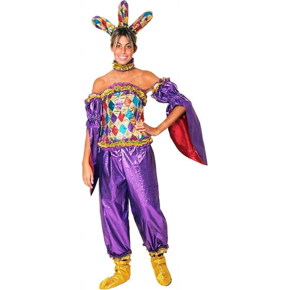 Sunnywood Women's Court Jester Clown Costume for Mardi Gras Parade Party, Includes Corset, Shoes, Hat and Accessories, Small/Medium