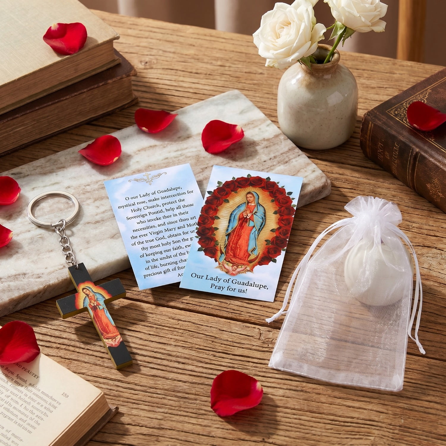 50Set Religious Keychain Gift Set, Featuring Our Lady of Guadalupe Acrylic Keychains Prayer Cards and Organza Bags, Ideal for Weddings Baptisms Spiritual Favors and Religious Events