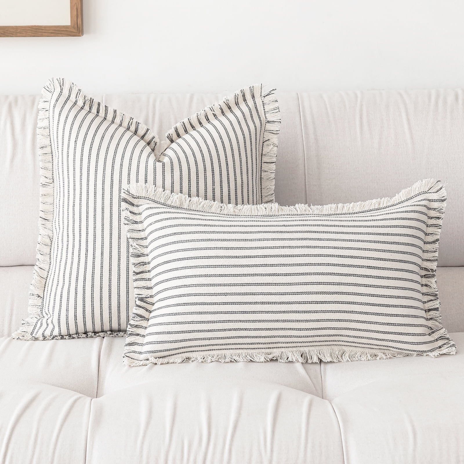 Skodaer 2 Pack Boho Decorative Throw Pillow Covers with Fring Tassel Chic Striped Pillow Case,18"x18",Grey