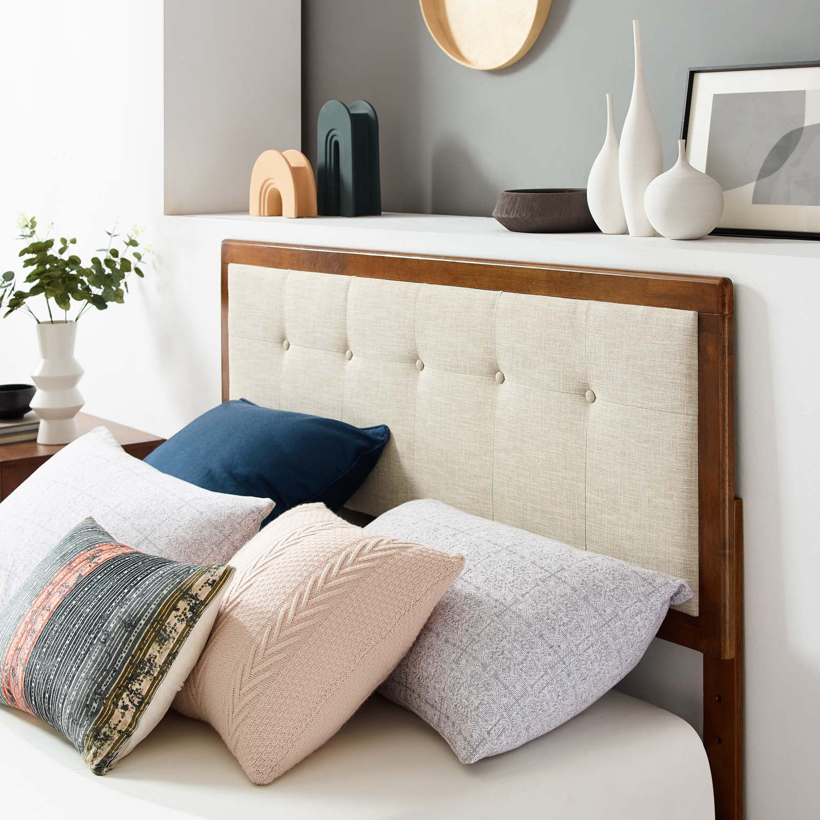 Platform Bed Frame, King Size, Wood, Brown Walnut Beige, Modern Contemporary Urban Design, Bedroom Master Guest Suite