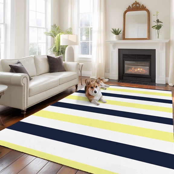 6'x9' Area Rugs, Yellow Navy Blue Striped Indoor Outdoor Area Rug for Living Room Bedroom, Farmhouse Stripe Art Washable Bathroom Rugs Kitchen Floor Carpet Mats Home Decor Aesthetic