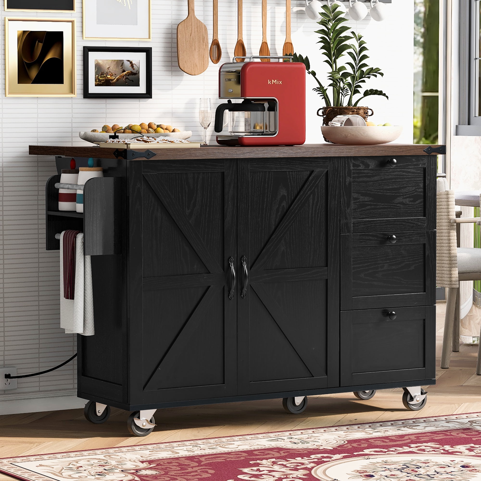 Lunale 54.5" Kitchen Island with Drop Leaf, Power Outlets, Farmhouse Rolling Storage Cabinet Cart for Kitchen & Dining Room, Black