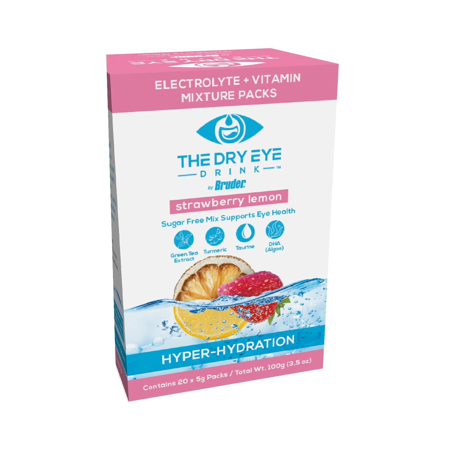 The Dry Eye Drink Strawberry Lemon Flavor l Ultimate Hydration for Dry Eyes l Sugar-Free Electrolyte Powder Packets l Blended with Vitamins, Green Tea, Turmeric, Taurine, and DHA l 5g x 20 Packets