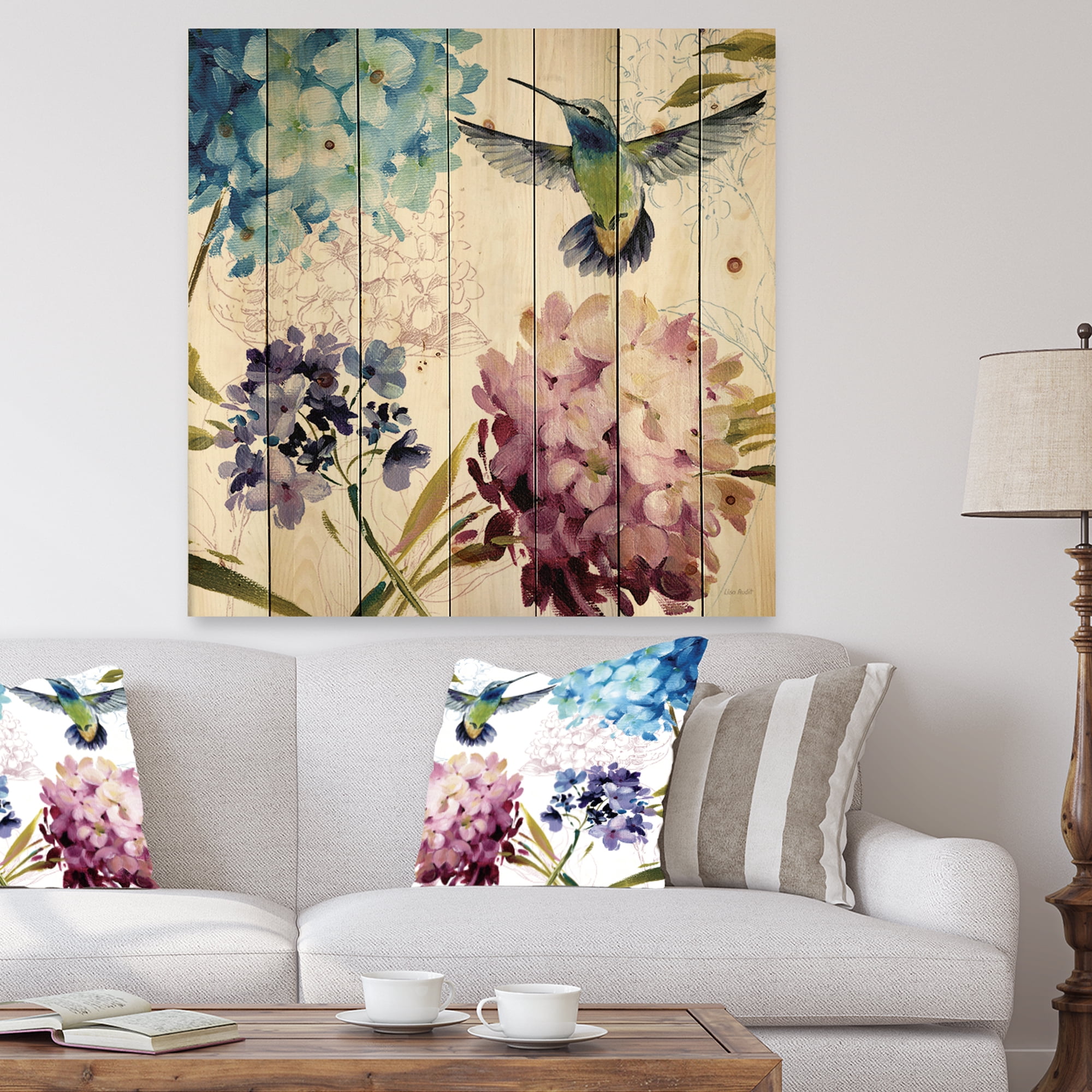 Designart Humming Bird Blue Cottage Flower Farmhouse Print on Natural Pine Wood Art Print, 30" x 30"