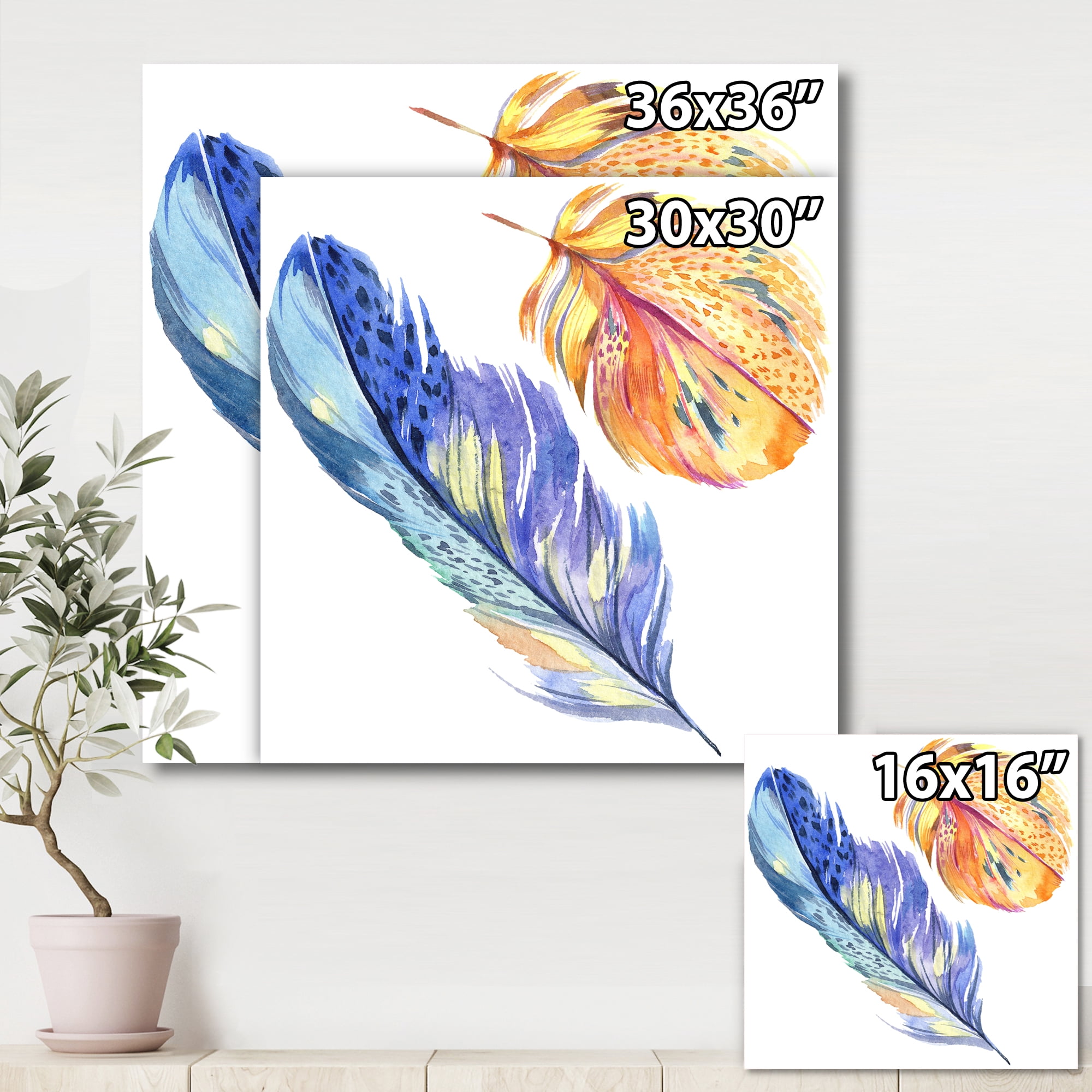 Designart ' Colorful Blue and Golden Bird Feather From Wing ' Bohemian & Eclectic Canvas Wall Art Print