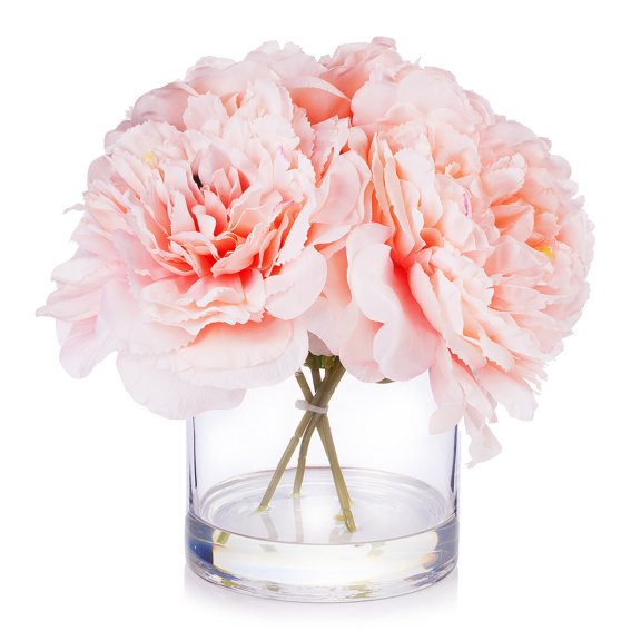 Enova Home Artificial Flowers Large 4 Heads Silk Peony Fake Flowers Arrangement in Cylinder Glass Vase with Faux Water for Home Office Wedding Decoration (Pink)