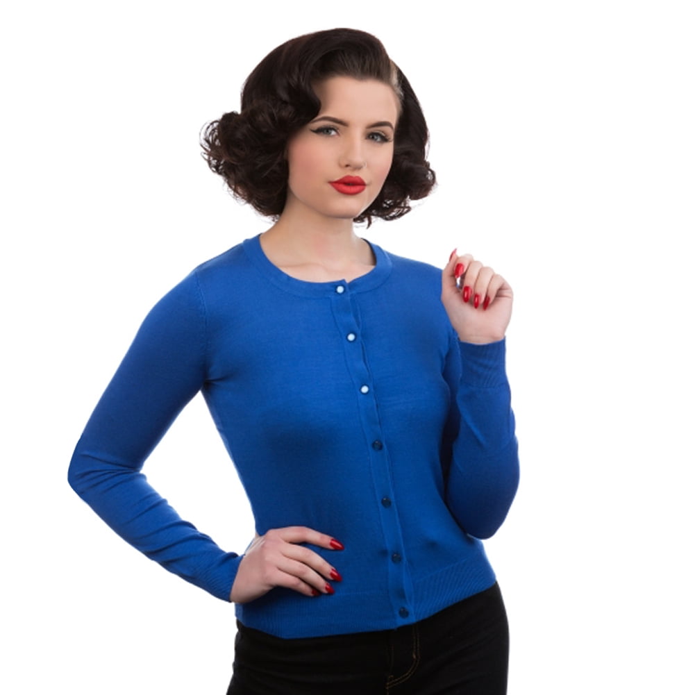 Royal Blue Crew Neck Button Up Cardigan Sweater Vintage Style