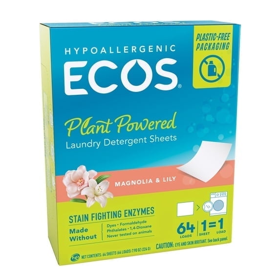 (4 pack) ECOS Laundry Detergent Sheets with Stain Fighting Enzymes, Magnolia & Lily, 64 Loads