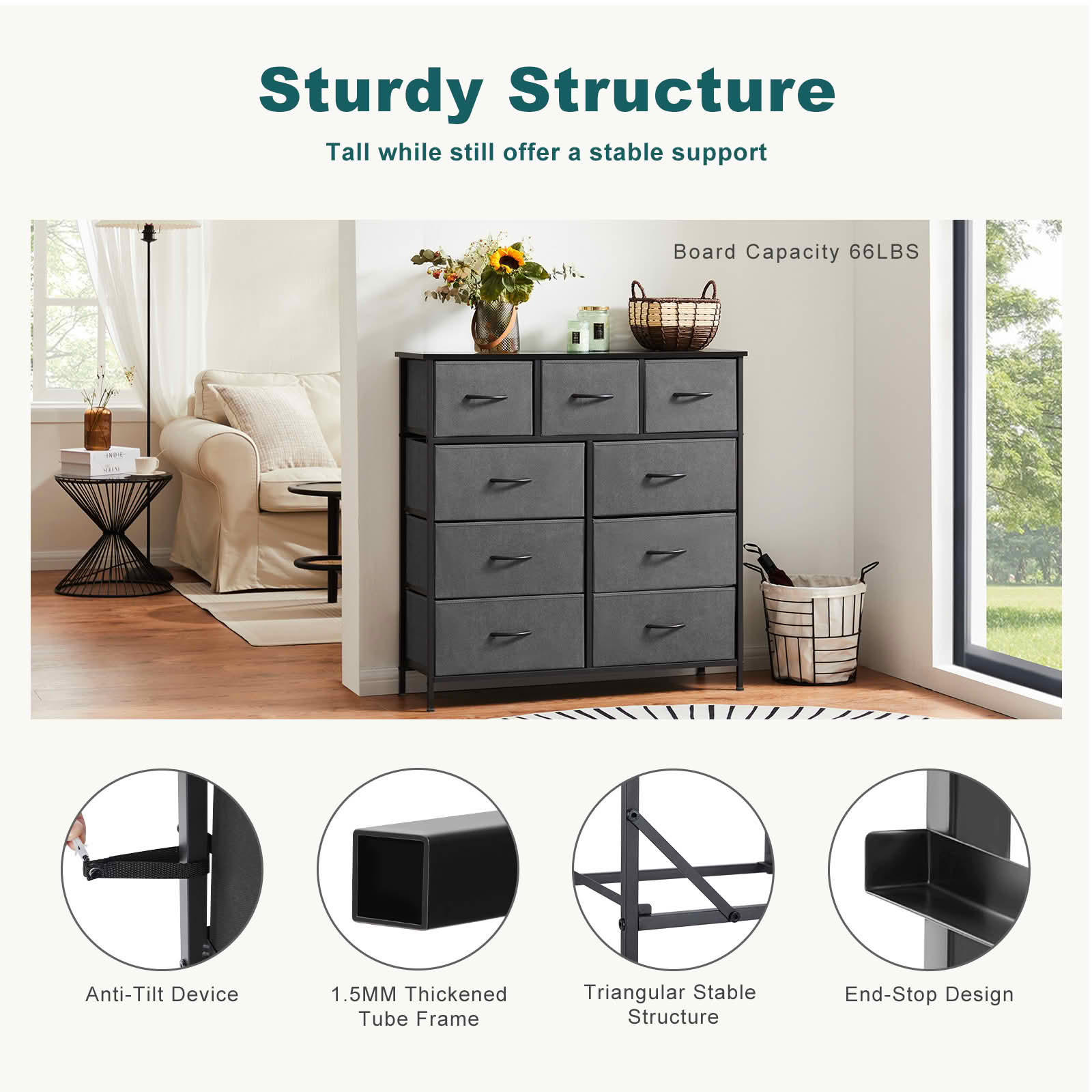 MAYEERTY Fabric Dresser with 9 Drawers for Storage and Organization, 39.4in Chest of Dresser, Gray