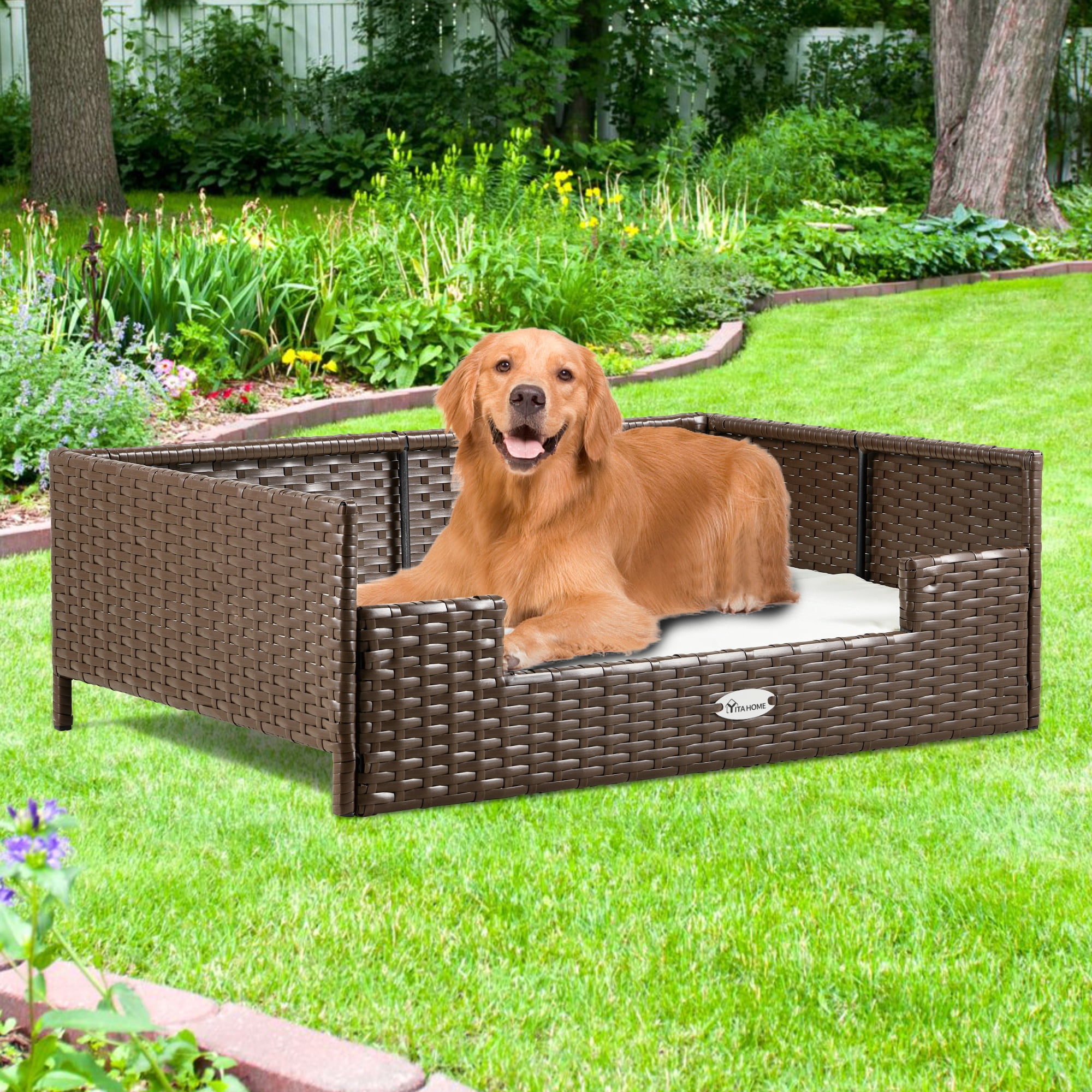 Dextrus Rattan Dog Bed for Large Medium Dogs and Cats, 34.6''Lx23.6''Wx11.8''H Indoor Outdoor Pet Bed with Beige Cushion