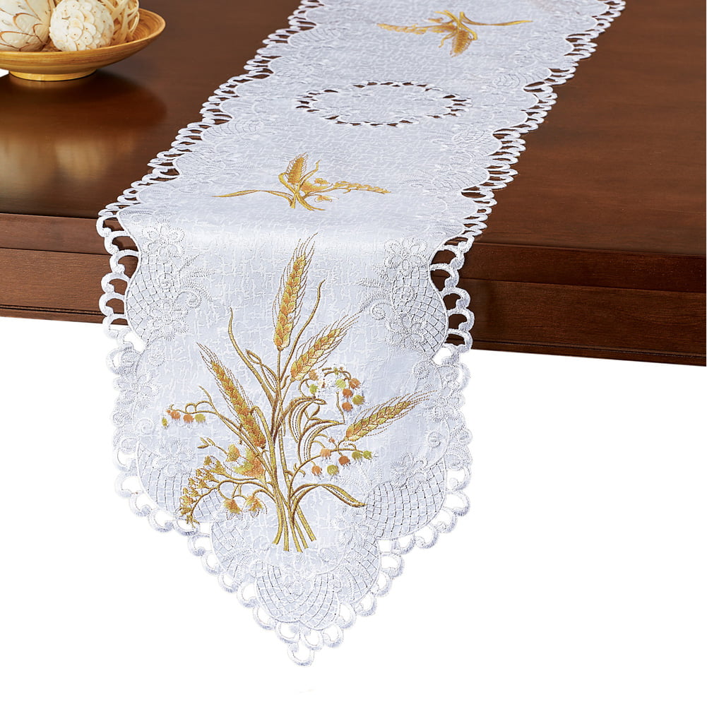 Embroidered Wheat Table Runner Topper with Scroll Cutout Edges 