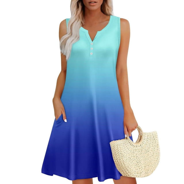 Vestido Corto para las Mujeres de Verano, la Impresión de la Moda de Bolsillo Botón sin Mangas Cuello en V para Casual Y Diario