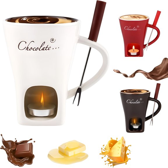 BPPEG Chocolate Melting Cup,Chocolate Fondue Cup,Ceramic Sweet Fondue Mug with Fork for Cheese and Candy (White)
