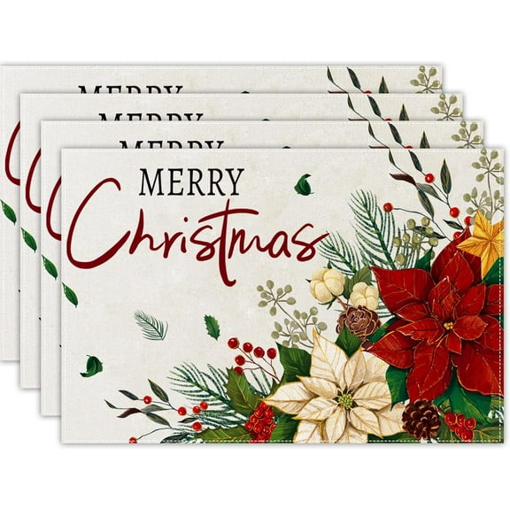 4PCS Merry Christmas Placemats 12x18 inch Red Floral Holly Seasonal Winter Place Mats Rustic Plastic Christmas Table Mats for Kitchen Dining Indoor Home Party Decoration