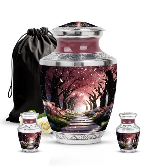 SABURIAL Cherry Blossom Urn - Large Decorative Urn For Human Ash - Lovely Urns For Adult Mom Ashes - Mini Cremation Urns For Women Ash - Combo - 10 Inch Large & 3 Inch Small