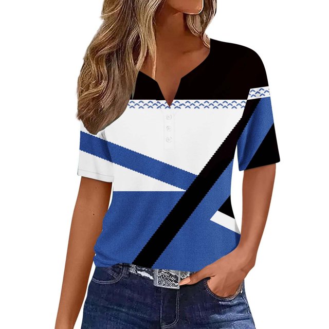 KIHOUT Nouveaux Hauts de Mode d'Été pour Femmes 2024, Blouse à Manches Courtes Imprimée Mode pour Dames Col Rond Hauts Décontractés Bleu 3TG