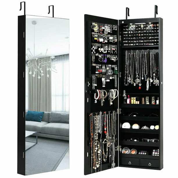 Gymax Wall Door Mounted Mirrored, Jewelry Cabinet Wall Mounted Mirrored Armoire Storage Organizer