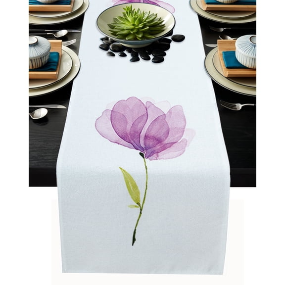 Table Runner Dresser Scarves 90 Inch Long, Abstract Art Blossoming Floral Art Linen Dining Table Runners Watercolor Purple Flower on White Tabletop Scarf for Wedding Holiday Party Kitchen