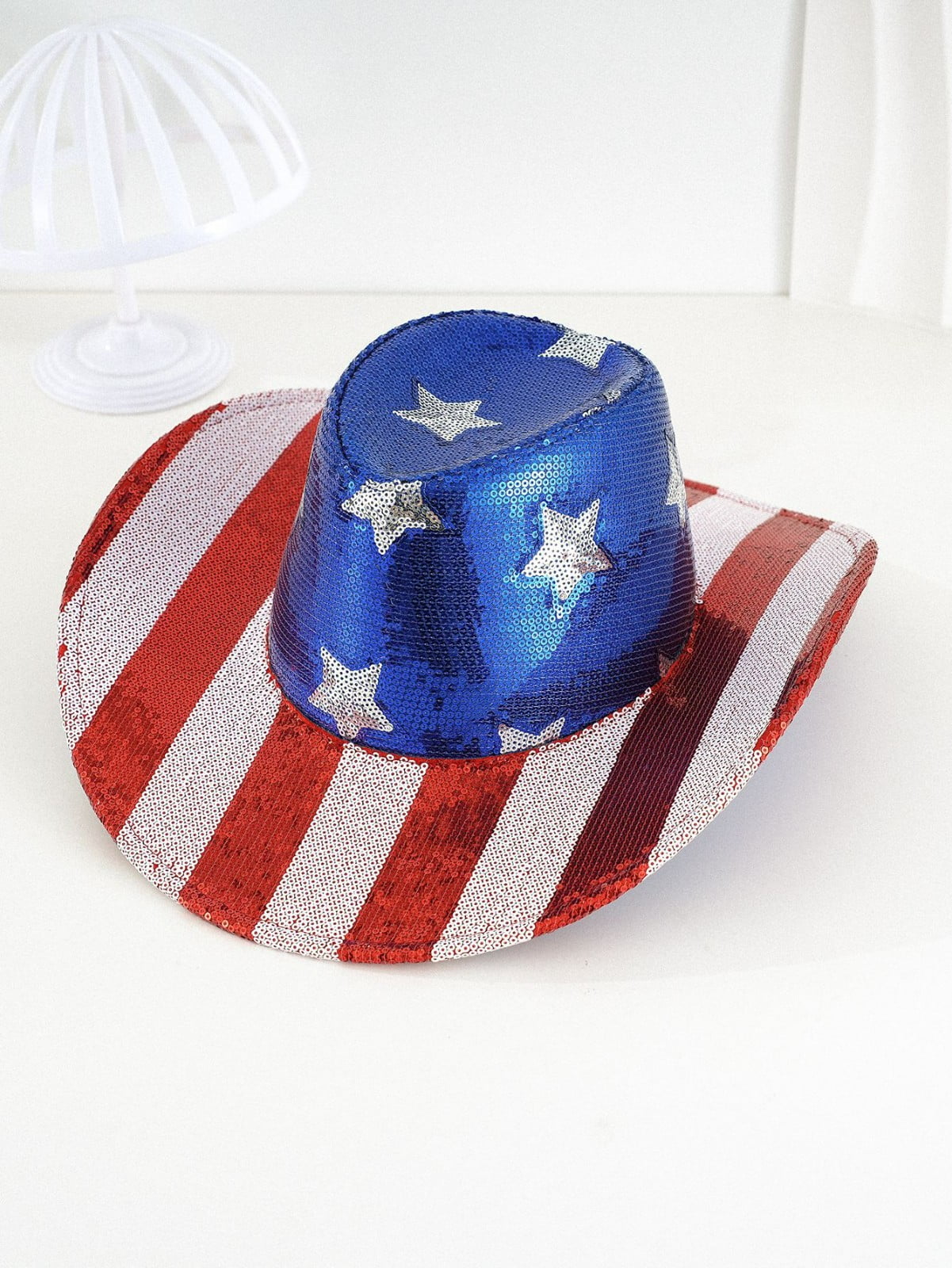 Nu Shuz Key West Red Blue Silver Rhinestone Embellished American Flag Cowboy Hat Way To Celebrate Patriotic Sequined light Up Cowboy Hat  main image 4